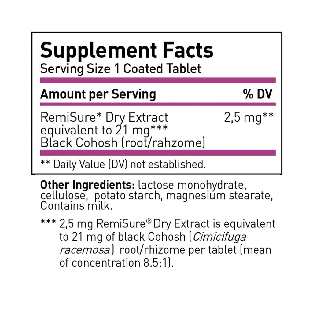 Remifemin Supplement Facts label — 2.5 mg RemiSure dry extract equivalent to 21 mg Black Cohosh root/rhizome per coated tablet