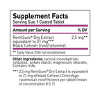 Remifemin Supplement Facts label — 2.5 mg RemiSure dry extract equivalent to 21 mg Black Cohosh root/rhizome per coated tablet